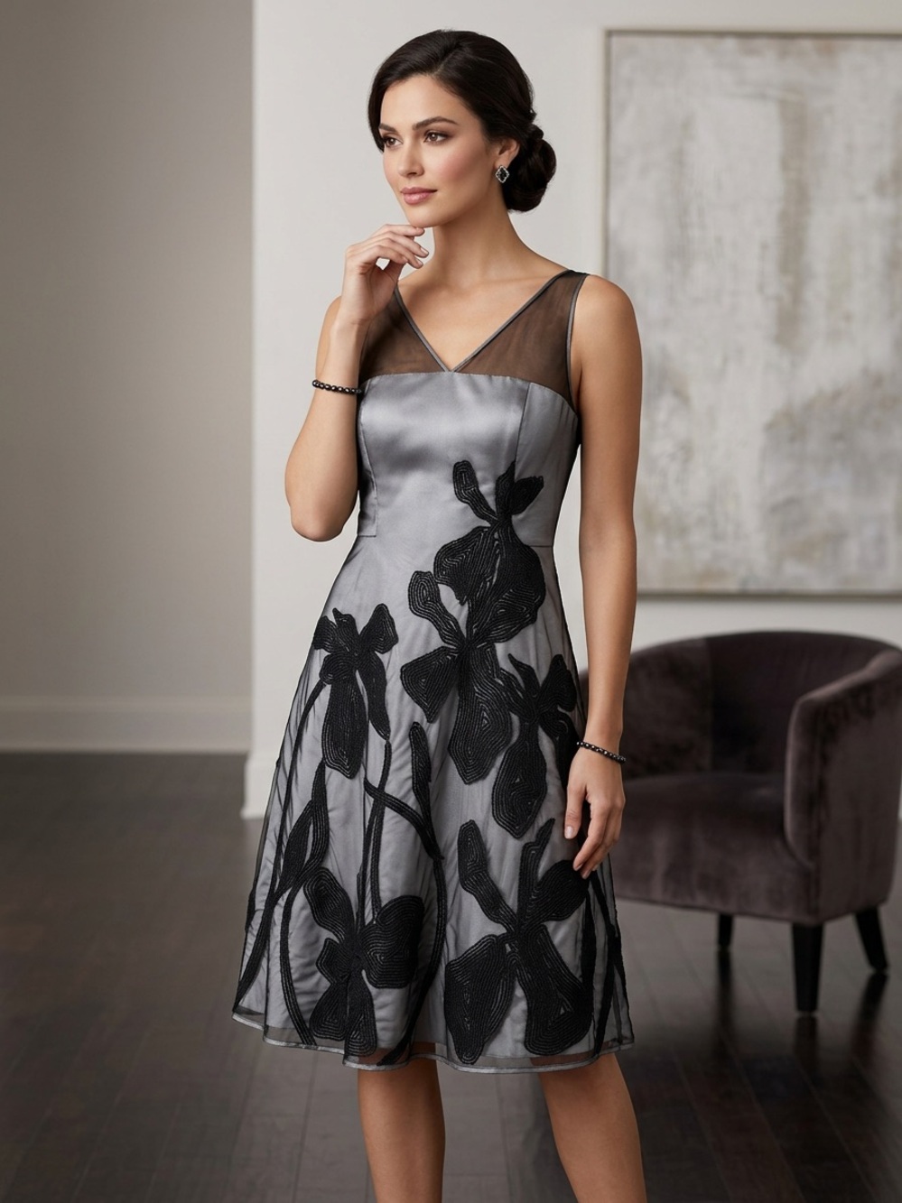 Elegant Gray Floral Overlay Dress with Sheer Neckline